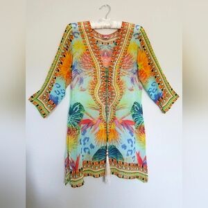 Ranee's Women's Swimwear Coverup Lace Up V-Neck 3/4 Sleeve Colorful Tunic Sz S